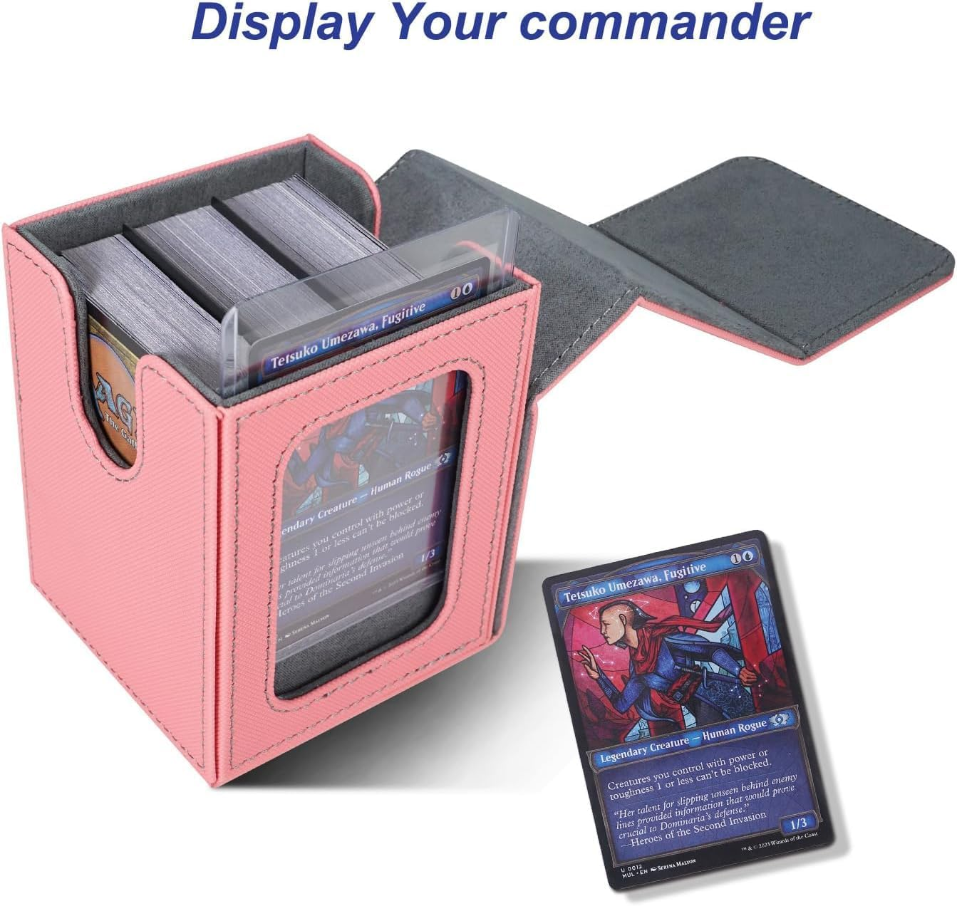 MTG Deck Box for Commander Display,Card Deck Box Fits 100 Double Sleeved Cards, Magic Commander TCG Card Storage Box with 2 Dividers,Drawstring Bag and 1 Toploader(Pink/Grey) - Purple Purple image number 3