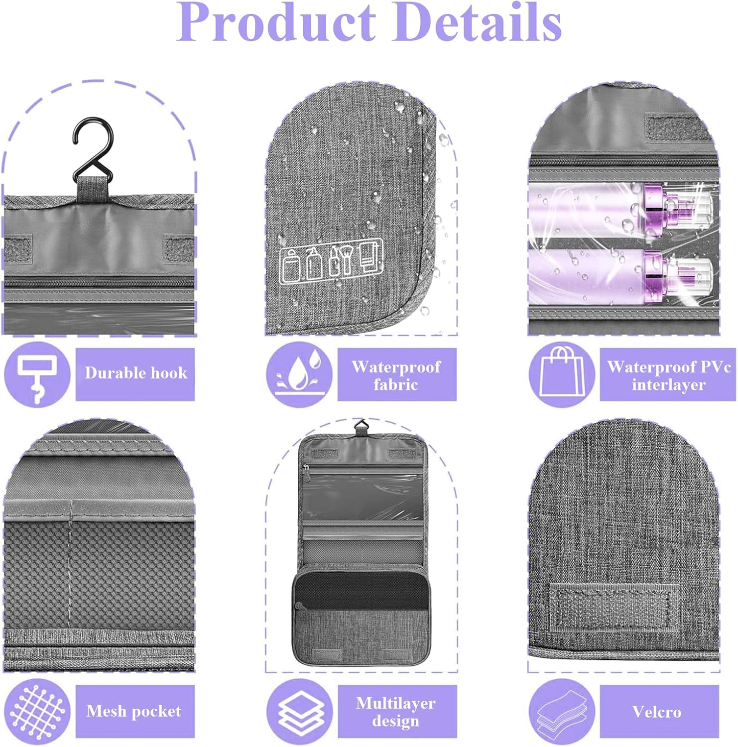 Rhoyee Hanging Toiletry Bag &ndash; Waterproof Travel Toiletries Organizer with Hook, 4-Layer Foldable Makeup & Shower Bag for Men and Women, Compact Bathroom Storage Pouch (Grey) image number 6