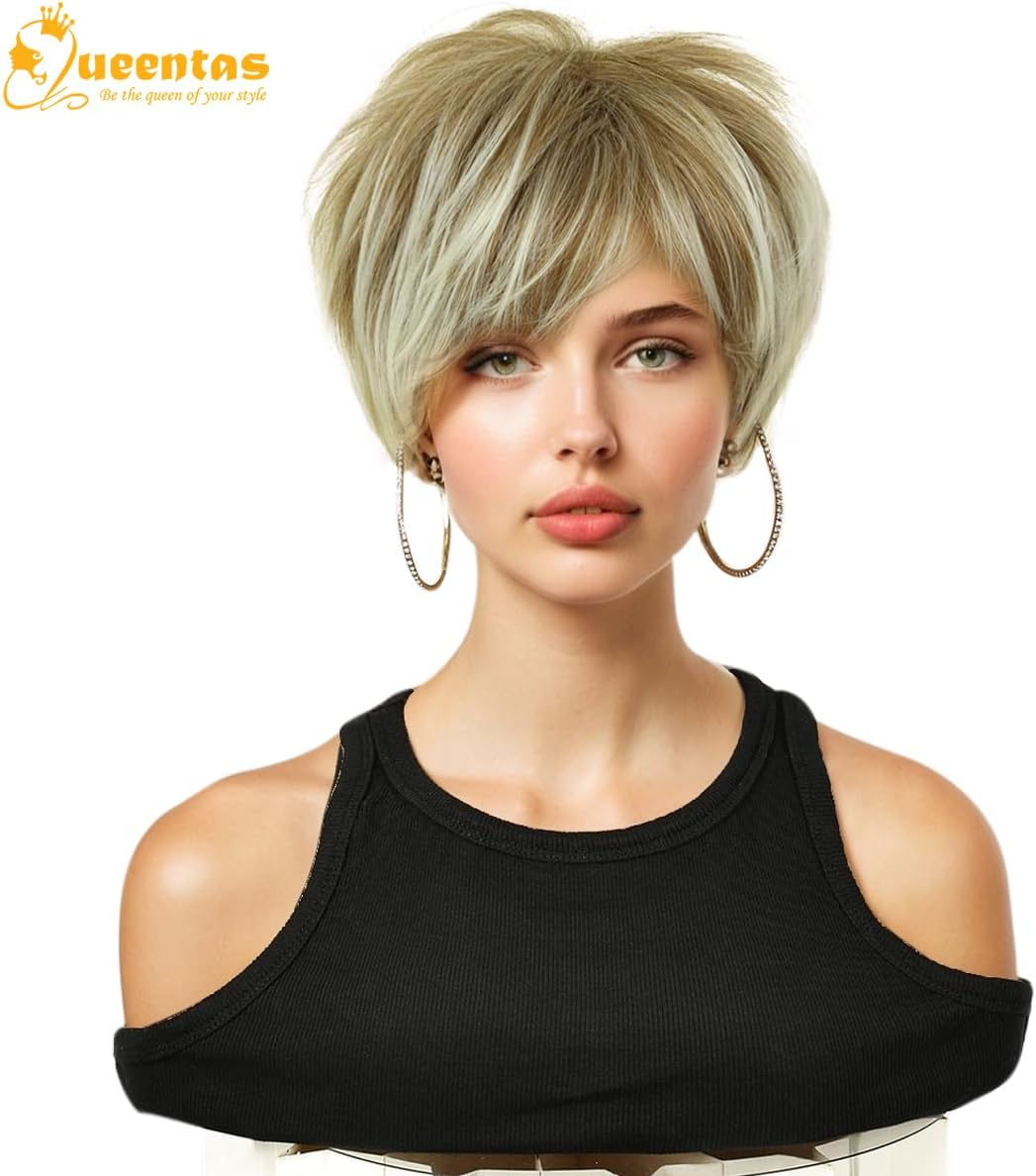 QUEENTAS Short Blonde Wigs for Women Layered Blonde Mixed Brown Pixie Cut Wig with Bangs Synthetic Short Hair Replacement Wig - Gray image number 6