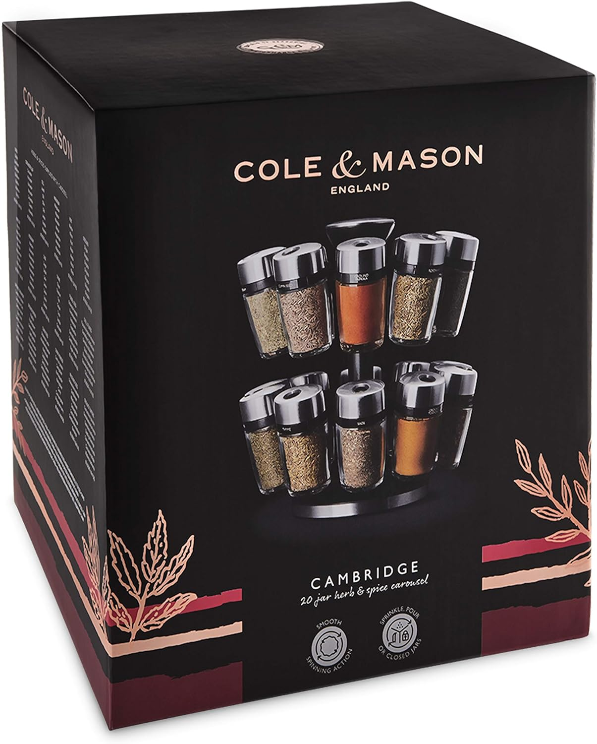 Cole & Mason Cambridge 20 Glass Rotating Spice Rack, Spice and Herb Organiser/Storage, Glass Spice Jars with Labels, Herbs and Spices Included image number 4