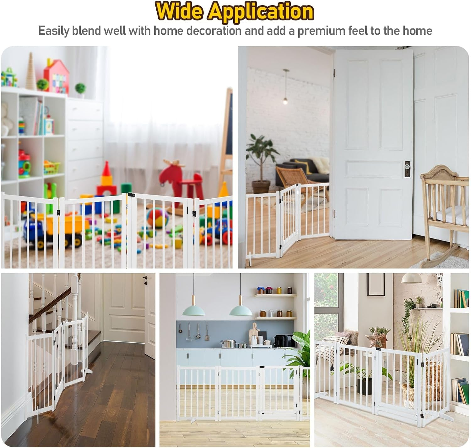 Pet Scene 4 Panel Pet Playpen for Puppy, Foldable Pet Safety Gate Wood Enclosure Security Fence Freestanding Dog Stair Doorway Tall Barrier with Door Indoor image number 4