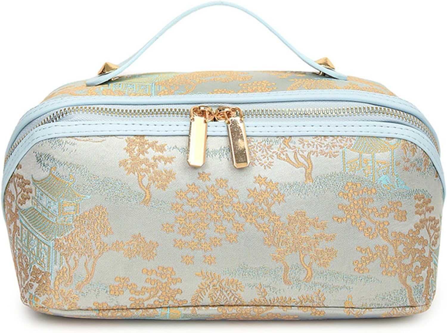 Travel Makeup Bag,Cosmetic Organizer Bag for Women,Large Capacity Make up Bag Waterproof PU Leather Makeup Organizer Bag Wide Open Portable Pouch with Dividers and Handle(B-Green) - A-Grey image number 2