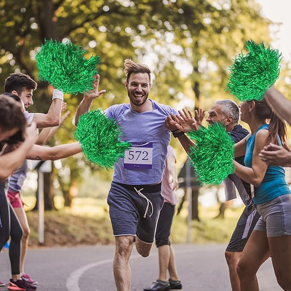 Cheerleading Pom Poms Metallic Foil Plastic 12Pcs Pom Poms with Baton Handle for Game Sports Squads Dancing Party Club Spirit Sports Stage Performance Celebration (Green) - Golden image number 4