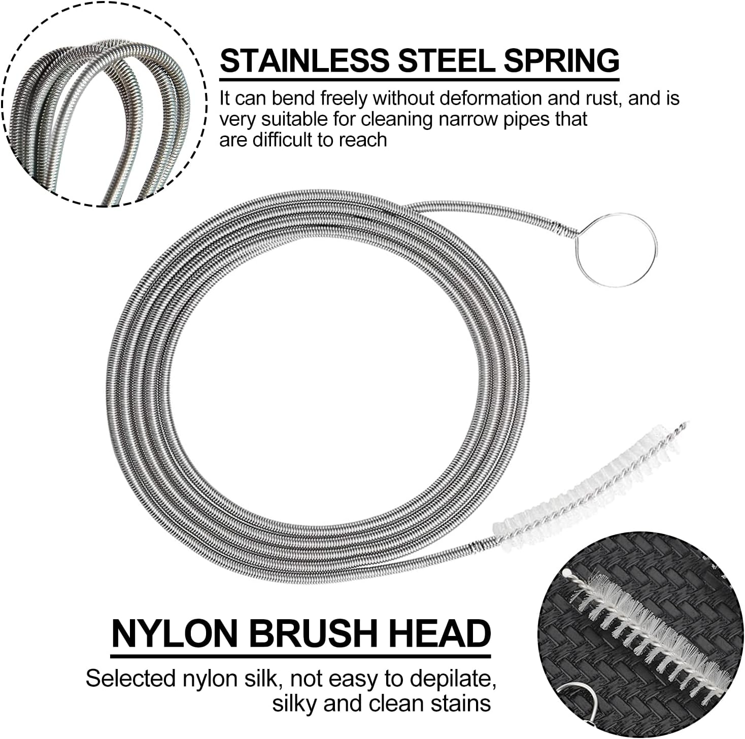 BOROLA 59 Inch Tube Cleaning Long Brush，1.5M Nylon Drainage Spring Portable Straw Brush, for Cleaning Feeding Tubes and Conduit (White) image number 4