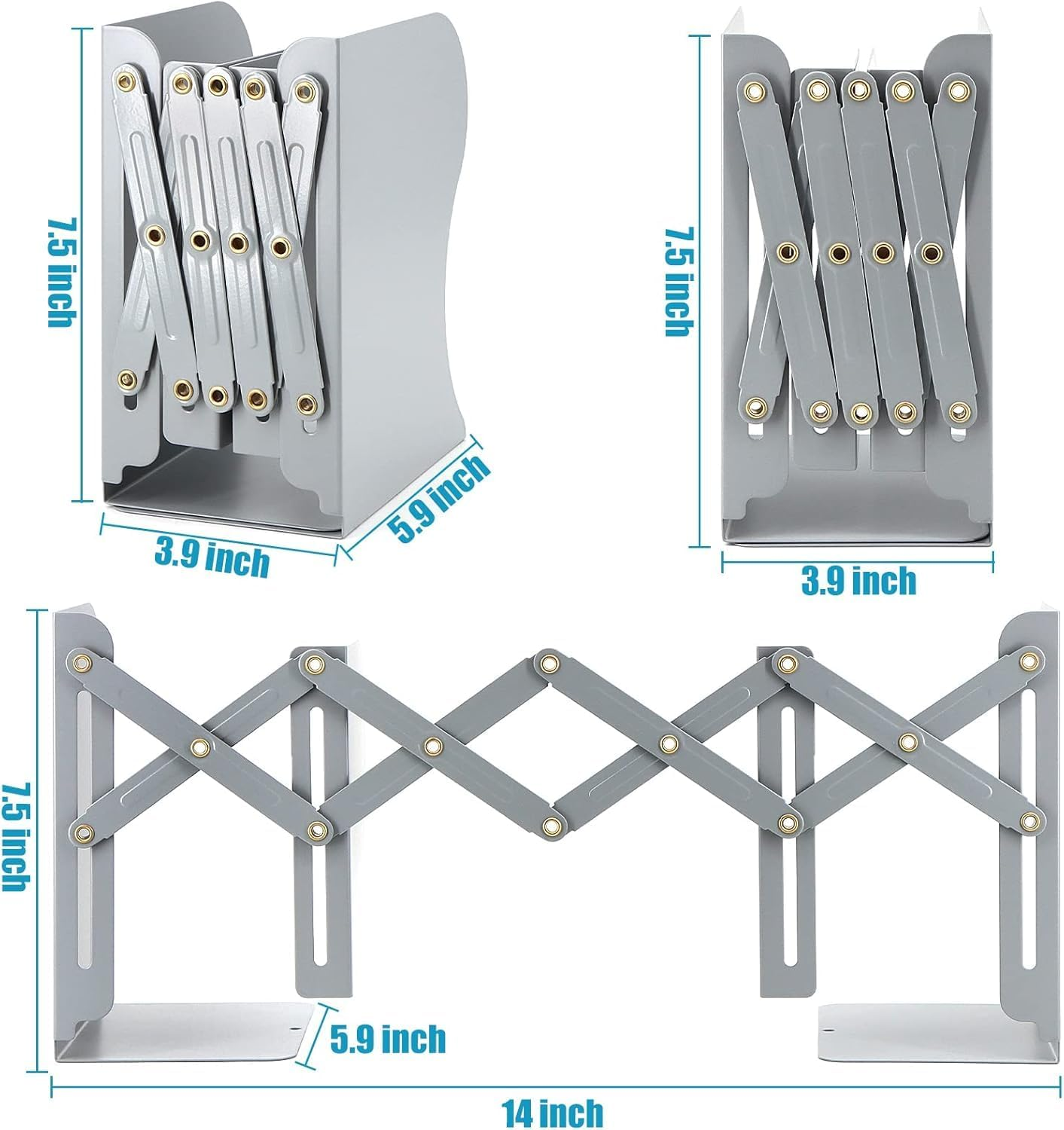 Adjustable Book Ends,Grey Large Metal Bookends for Heavy Books, Expandable Bookcase Bookend Stand Holder Book Storage Rack, Book Organizer for Desk, Suitable for Office, Home and School