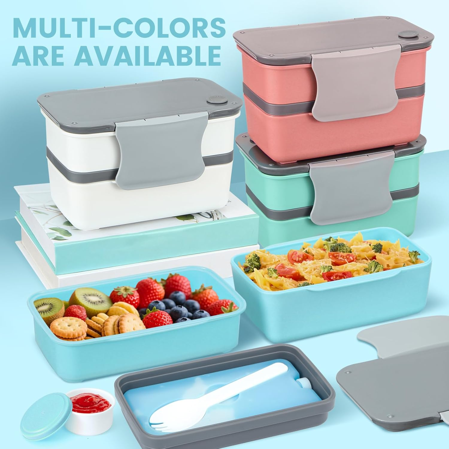 Globright Bento Lunch Box for Kids,6 Stackable Containers for Adults, Leak-Proof Built-In Utensil Set Reusable Ice Pack (Blue) - Pink image number 6