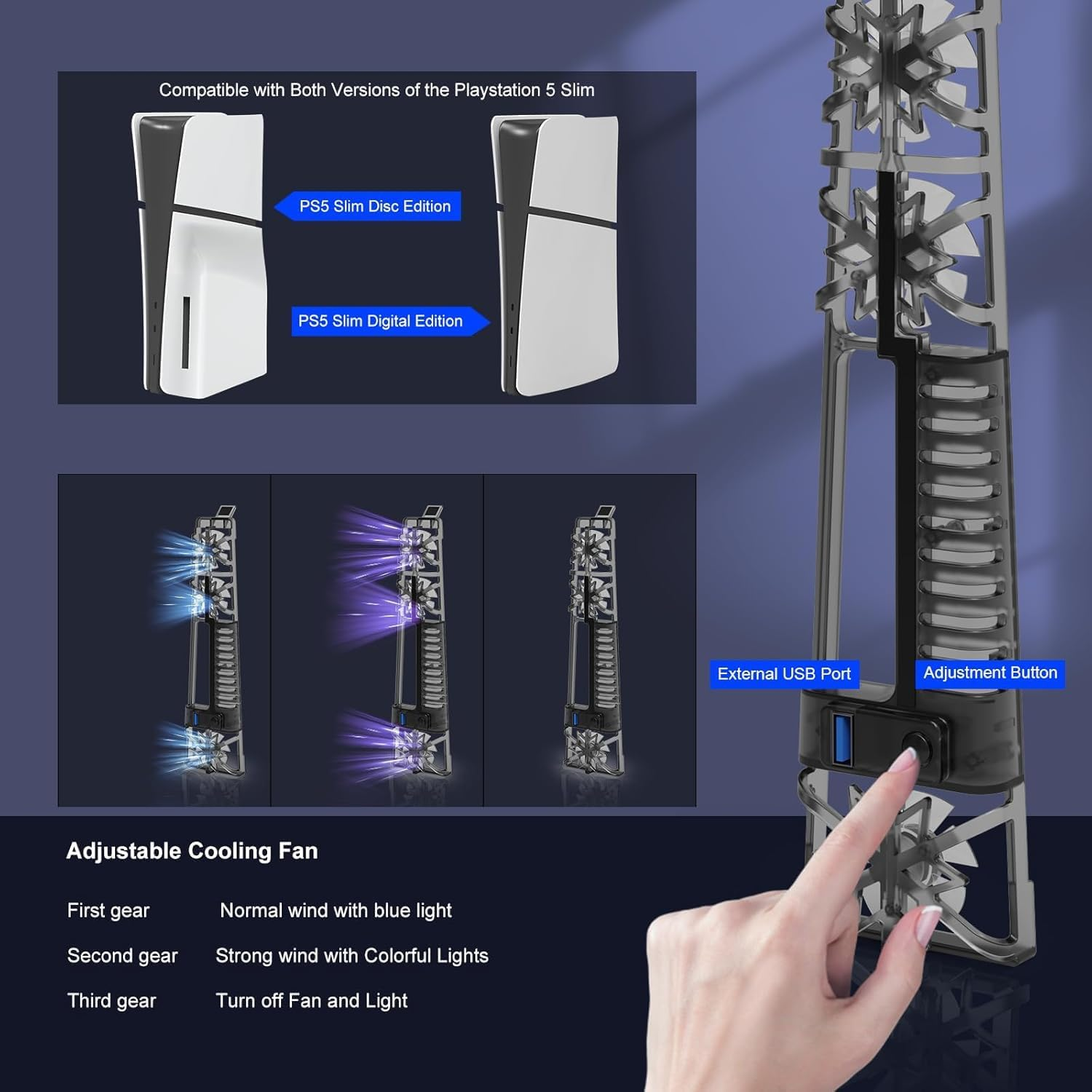 Cooling Fan for PS5 Slim Console, Cooling Fan Cooler with RGB LED Light, 2 Fan Speeds,3 Small Fans,Usb 3.0 Port Compatible with Playstation 5 Slim (For PS5 Slim) image number 3