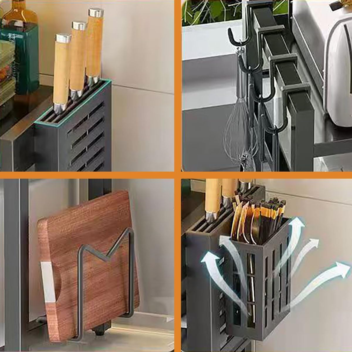 Expandable Microwave Rack for Kitchen Countertop - Carbon Steel Shelf with 6 Hooks, Knife Holder, Cutting Board & Chopstick Organizer, Space-Saving Storage (Double-Layer) image number 5