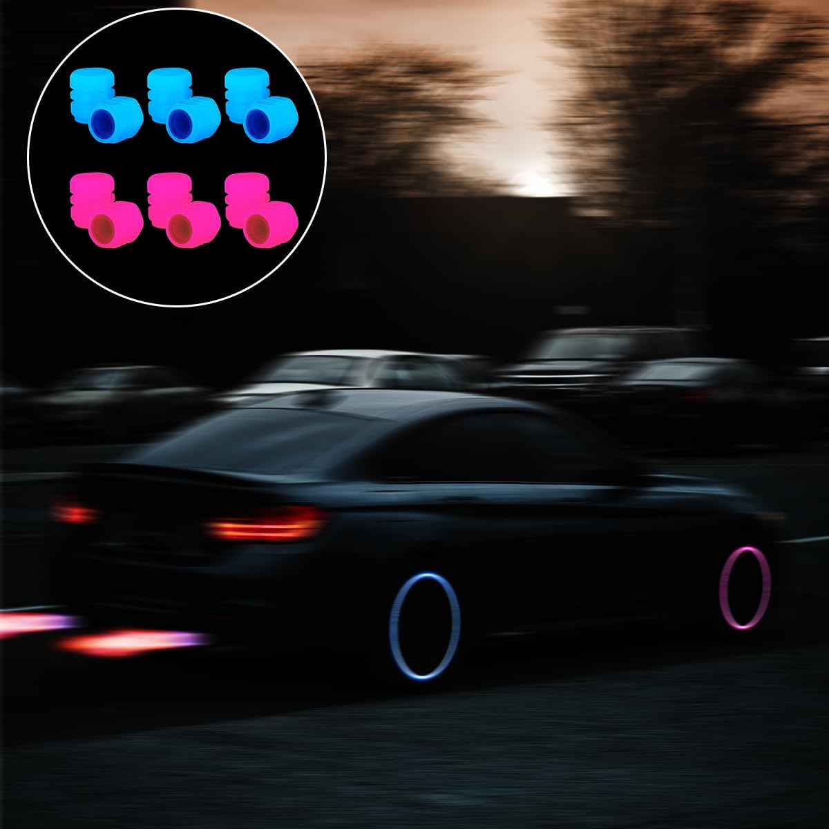BEZANU Tire Valve Stem Caps, 12 Pcs Universal Luminous Car Tire Air Caps Cover for SUV, Car, Truck, Motorcycles, Bike (Blue and Pink) image number 3
