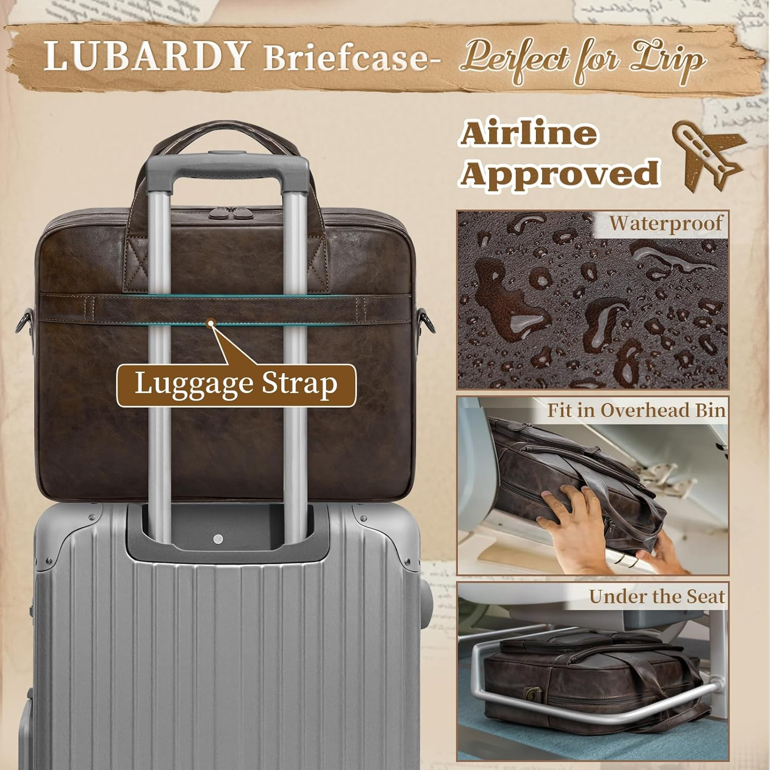 Lubardy Messenger Bag Men Vintage PU Leather Laptop Bag 15.6 Inch Briefcases for Men Work Computer Bag Waterproof Briefcase - Brown image number 4