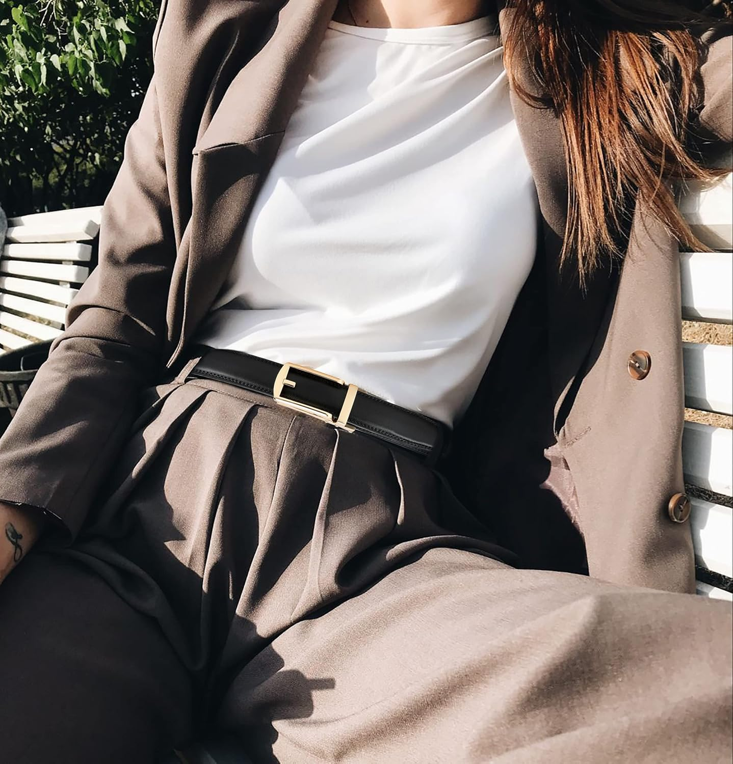 Womens Belt for Jeans, CR Women Tan Leather Belt with Gold Buckle for Pants, 1.25" Ratchet Ladies Belt for Jeans Pants image number 5