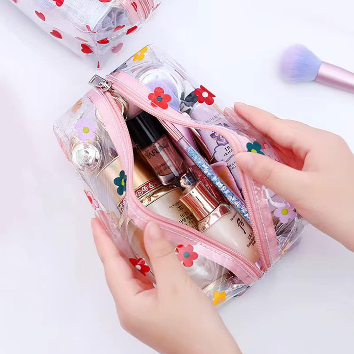 ZMZZ Cute Makeup Bag, Transparent Portable Makeup Bag, Waterproof Toiletries Storage Bag, Large Capacity Pen Bag, Colorful Flowers, Cute and Transparent Makeup Bag, Large Capacity Pencil Case - Colorful Flowers image number 2