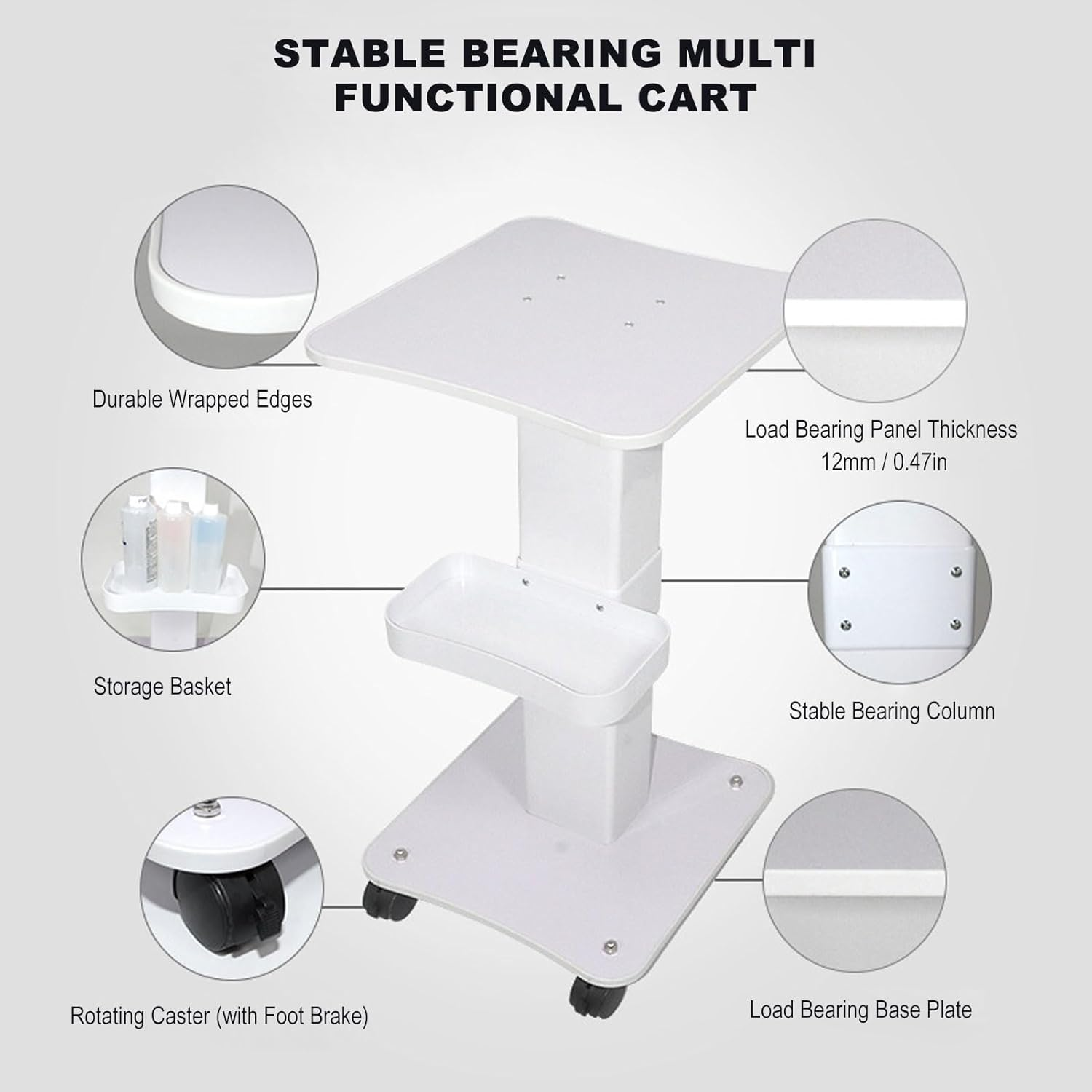Bewinner Beauty Trolley Cart, Trolley on Wheels 3 Tier Storage Trolley, Storage Organizer Beauty Salon with 360&deg; Casters, Thick Panel, Storage Basket image number 4