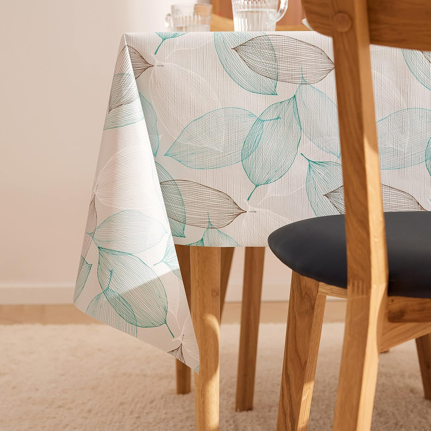KP HOME Modern PVC Table Cloth Wipe Clean Tablecloth Grey and Teal Leaves Pattern Plastic Table Cover - Wipeable Table Cloth Rectangle PVC Table Cloth 200 X 140 Cm Botanic Leaf Design Ocean Blue image number 6