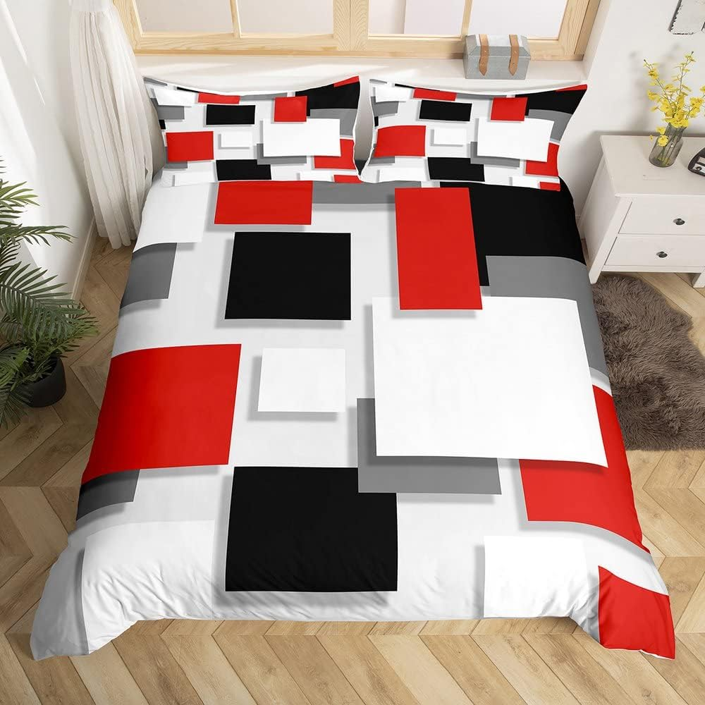 Geometric Square Duvet Cover Red Grey Black White Duvet Cover for Children Teenagers Modern Geometric Grid Ombre Bedspread Soft 135 X 200 Cm Modern Simple Graphic Printed Bed Linen