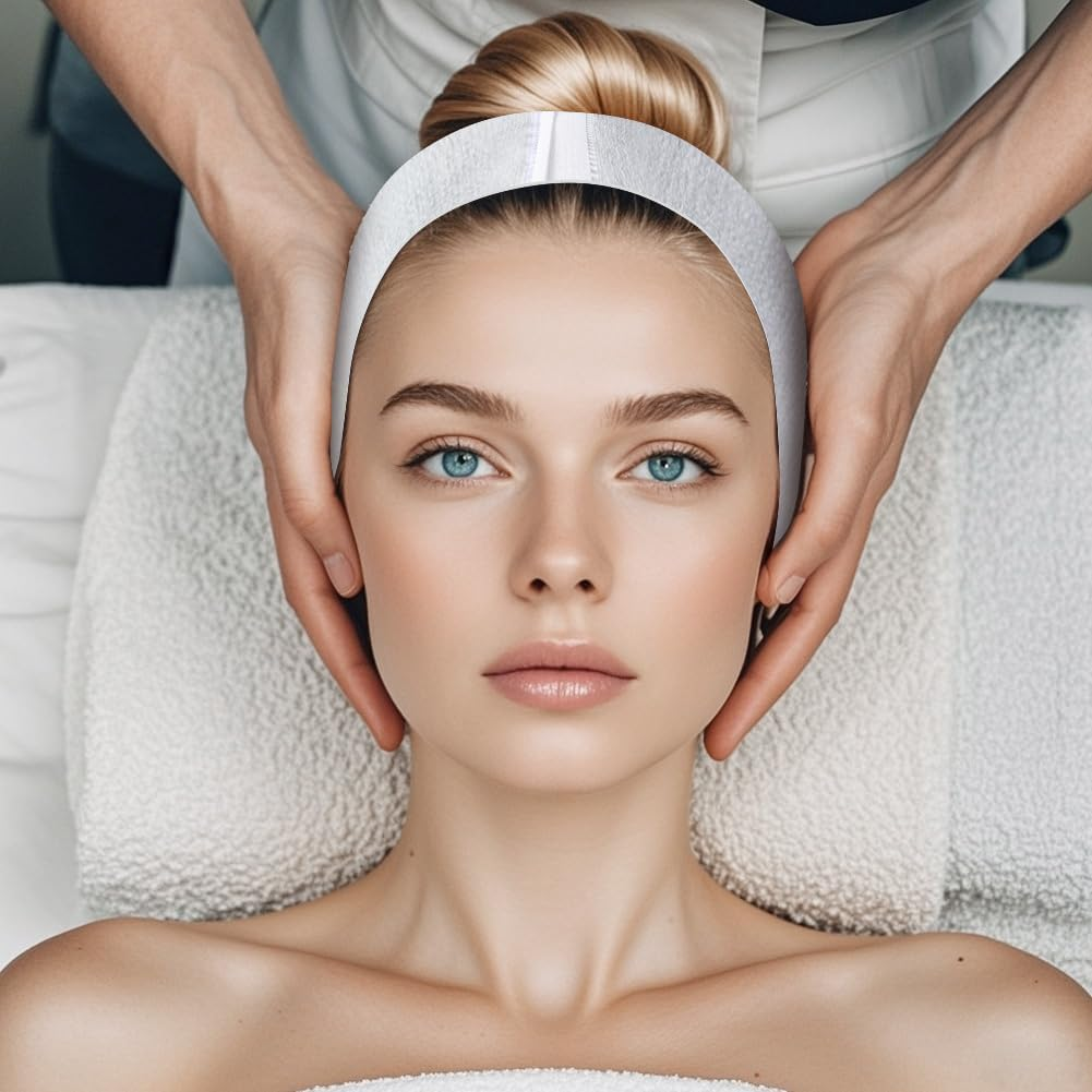 50PCS Disposable Spa Facial Headbands Elastic Non-Woven Headband with Magic Tape Stretch Soft Skin Care Hair Band with Straps for Salons Supplies White image number 5