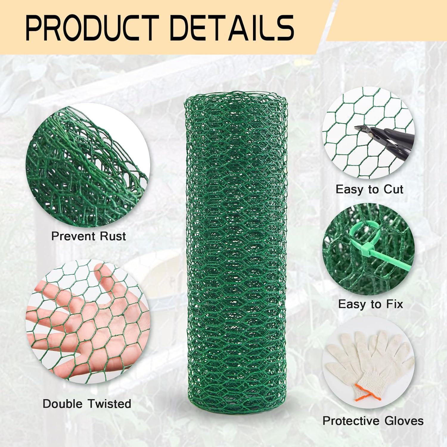 Chicken Wire 15.7In X 236In with a Pair of Gloves，1 Wire Cutter，50 Pcs Cable Zip Ties, Floral Chicken Wire Mesh 0.8In Hexagonal Galvanized PVC Coated Garden Netting Fence for Craft Poultry Garden image number 6