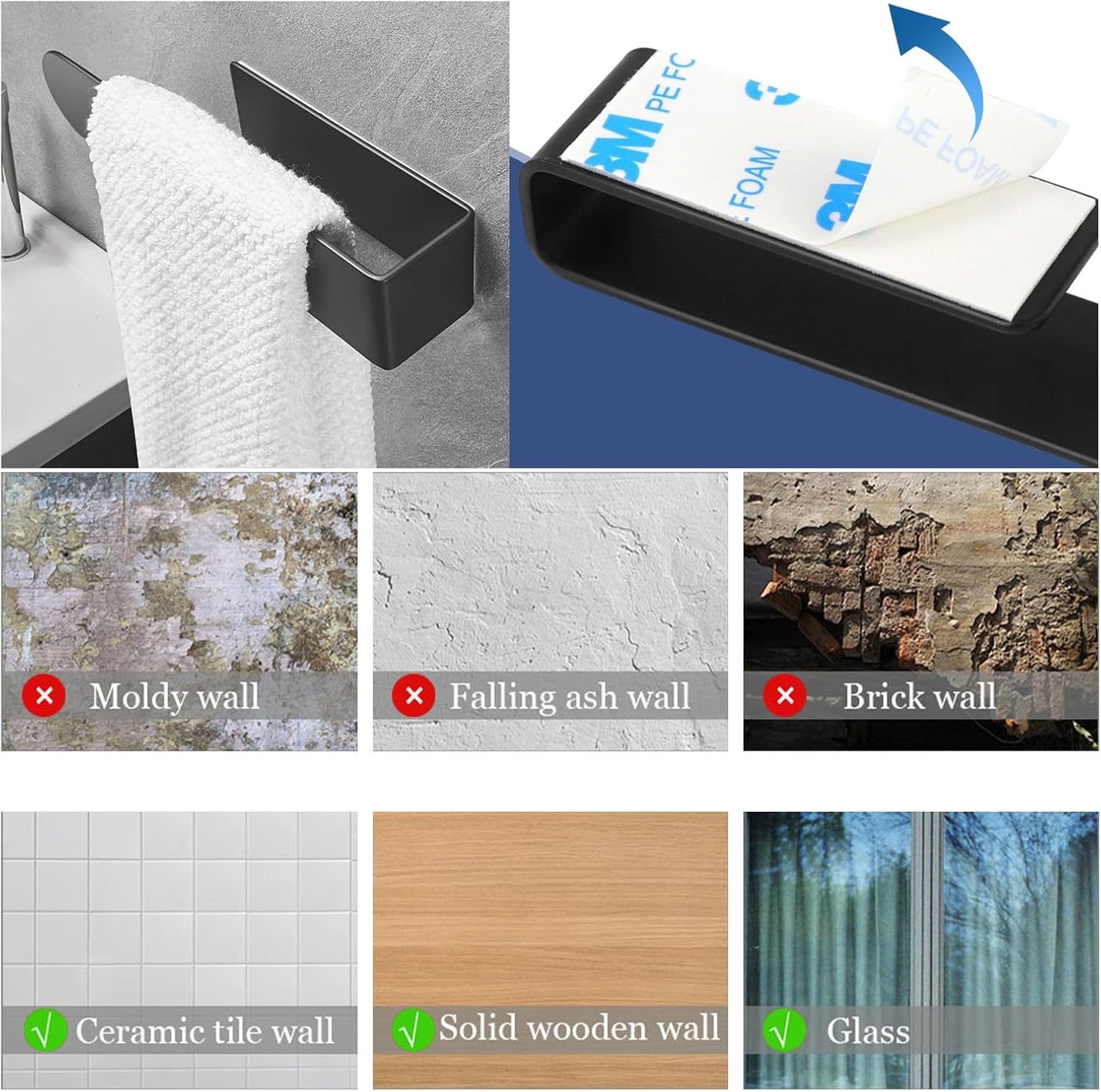 KUBDPQOR Dish Towel Holder, Sink Organiser, Self-Adhesive Tea Towel Holder, Stainless Steel Dish Cloth Holder, with Tea Towels, Black, Tea Towel Holder, Kitchen, Tea Towel Holder, No Drilling Required