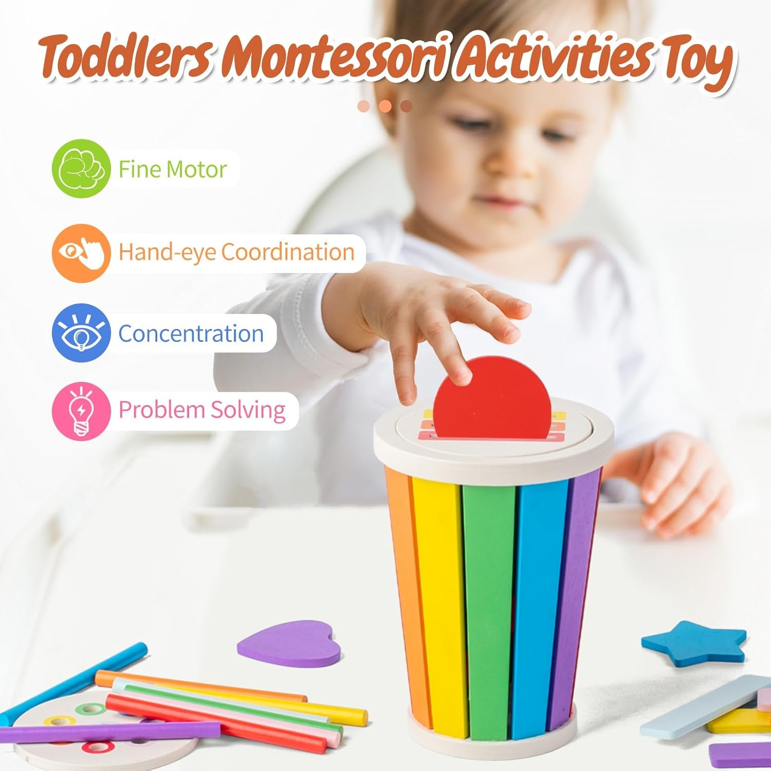 MOONKATE Wooden Montessori Sensory Color Shape Sorting Stacking Toys, Fine Motor Skills Learning Toys for Kids Toddlers image number 1
