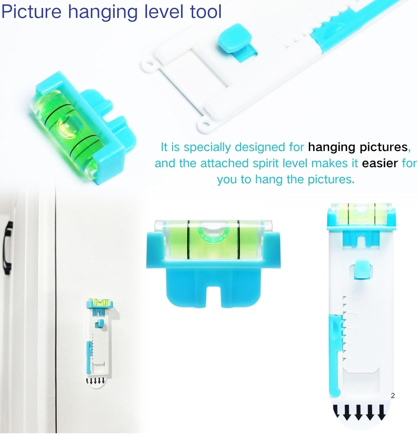 Laffeya Picture Hangers, Adjustable Adhesive Wall Hooks with Level, Damage Free Hanging Strips Hanger for Art, Photos, Mirrors & Decor Frame (Picture Hook, 2) image number 3