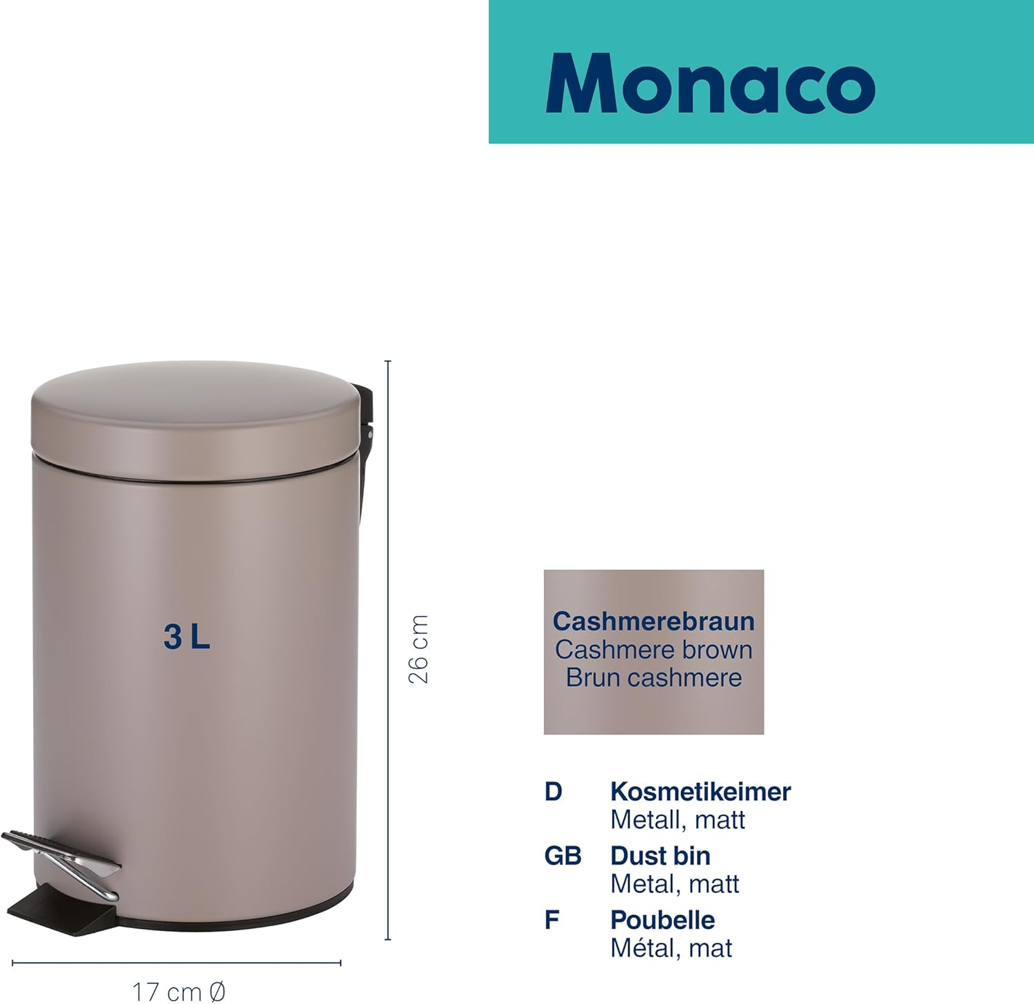 Kela Monaco Cosmetic Bin, 3 Litres, Metal Pedal Bin, Bathroom Bin with Inner Bucket and Carry Handle, Matt Cashmere Brown image number 5