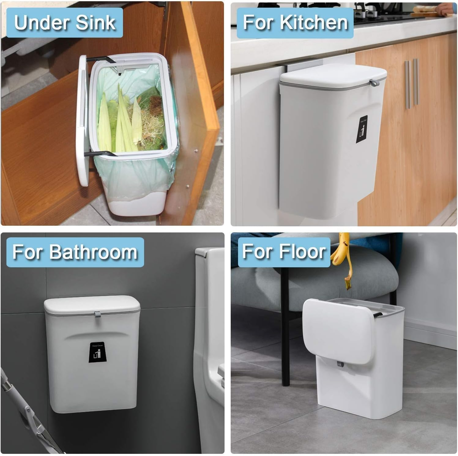 Fohouse Kitchen Compost Bin for Counter Top or under Sink, Hanging Small Trash Can with Lid for Kitchen Cabinet Door, under Sink Garbage Can for Bathroom, Wall Mounted Counter Waste Compost Bin(White) image number 4