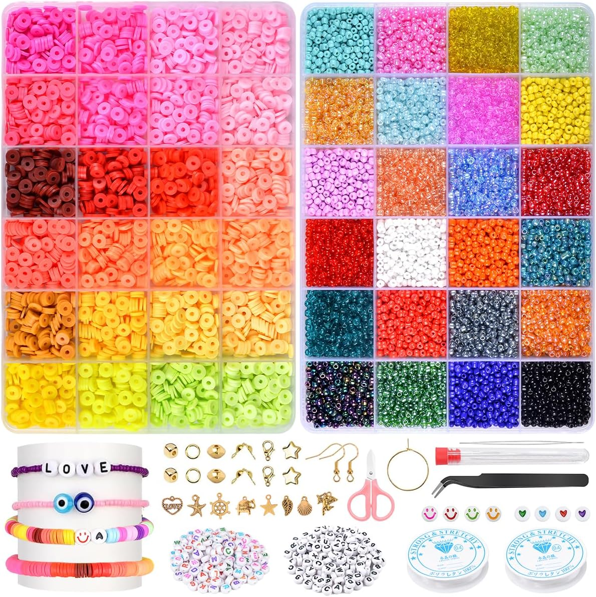 ANSHINE 13200Pcs Seed Beads Set with 3600 Clay Beads and 300 Letter Bead for Bracelet Jewelry Making Supplies Kit with Storage Box image number 4