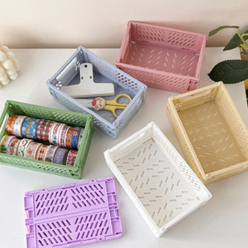 6 Pack Mini Folding Storage Baske, Mini Folding Baskets Plastic Shelf Storage Organizer,Plastic Storage Baskets for Desk Organizing, Office Drawer Organizer