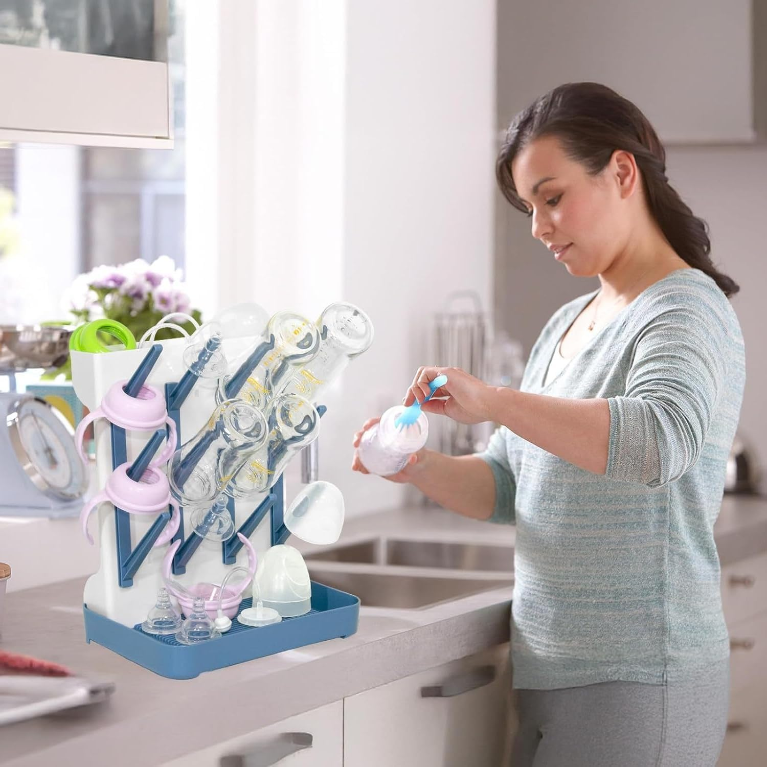 Baby Bottle Drying Rack, Vertical Space Saving Countertop Standing Drying Rack Baby Accessory, Bottle Brsuh, Pacifier, Breast Pump Accessories Drying Stand, Storage Organizer (Gray)