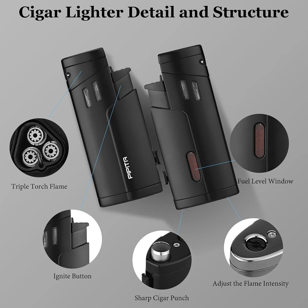 PIPITA Torch Lighter Windproof Triple Jet Flame Butane Lighter with Punch Refillable Zinc Alloy Lighter, Color Change Design of Visual Gas Window (Butane Not Included) (Black) image number 6