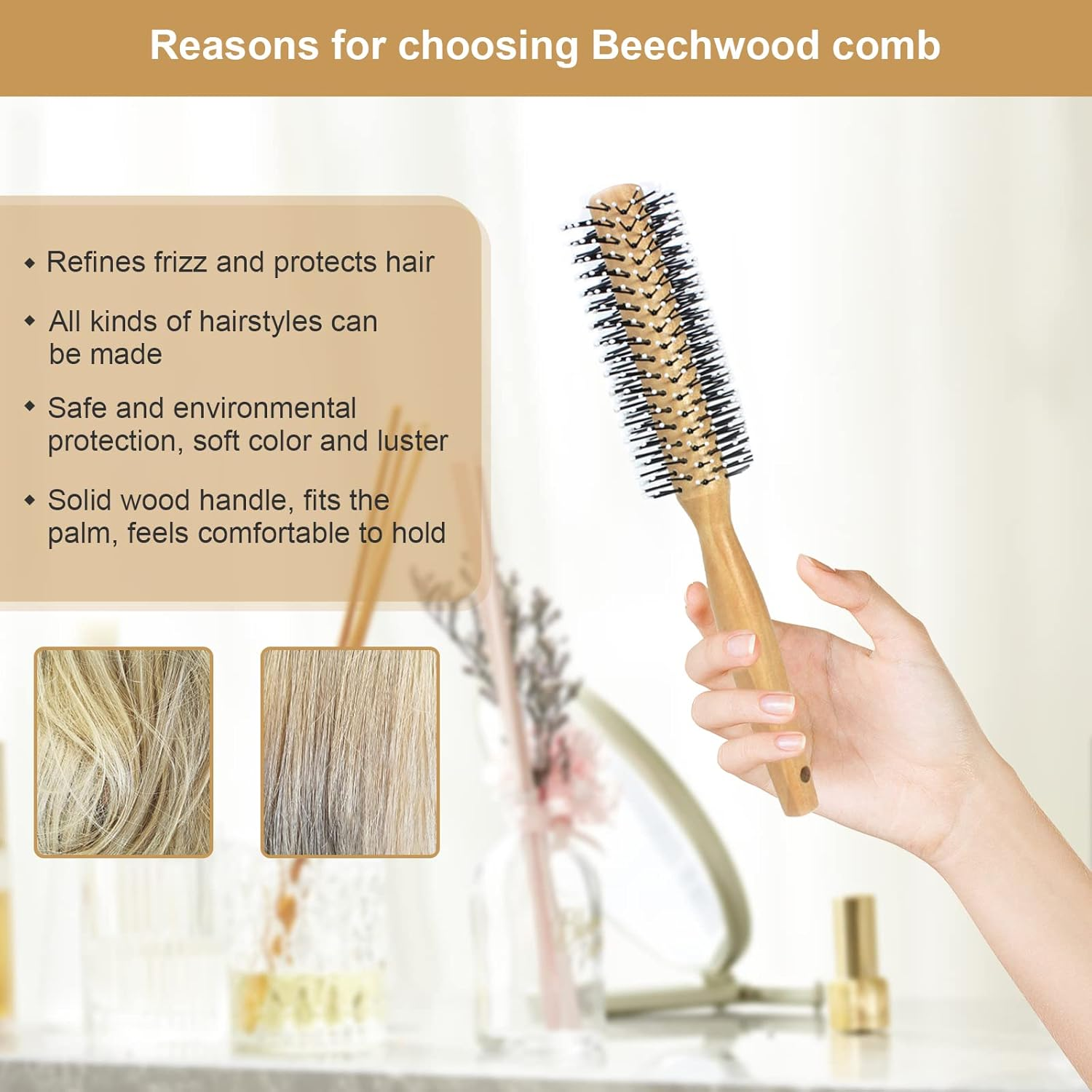 Round Curling Comb with Original Wooden Handle Made of Pure Beech Wood,Gentle Nylon Bristles,For All Hair Styles,Natural and Gentle Hair Brush (Yellow) image number 1