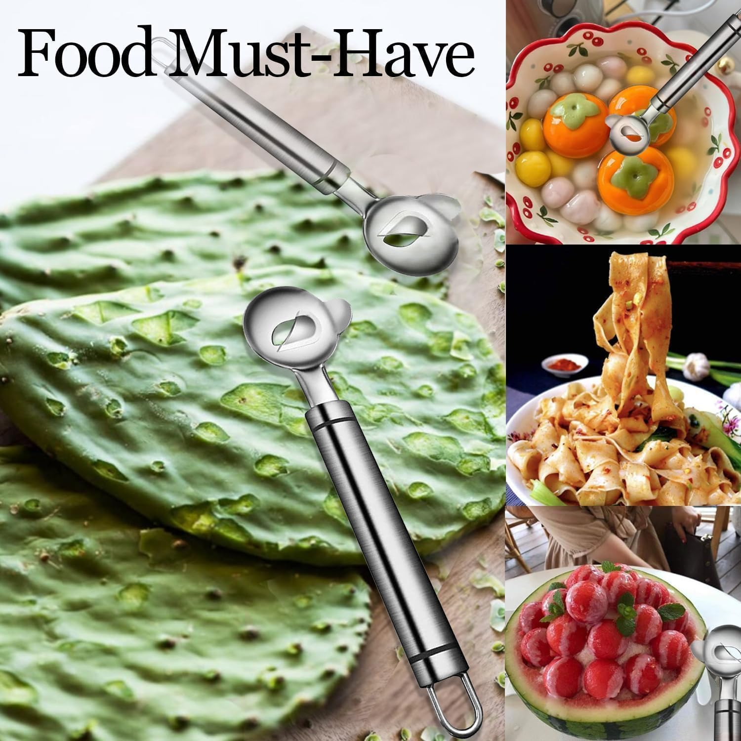 3-Piece Cactus Peelers and Spoons, Multi - Function Cactus Peeling and Slicing Tool, Chinese Noodle Cutting Gadget - Stainless Steel for Kitchen Cooking image number 6