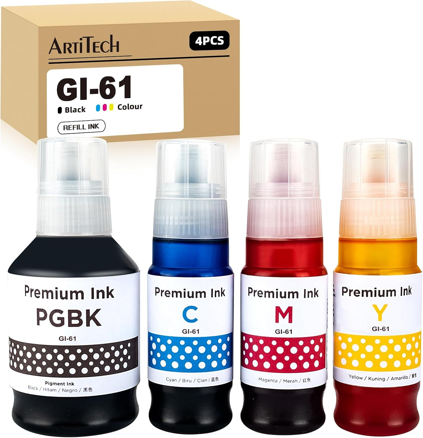 Artitech GI 61 Ink Bottle Replacement for Canon GI-61 Use for Canon PIXMA G3620 G3625 G3630 G3660 G3670 G3675 G3680 G3690 G4670 G4680 Printers (1B 1C 1M 1Y) image number 3
