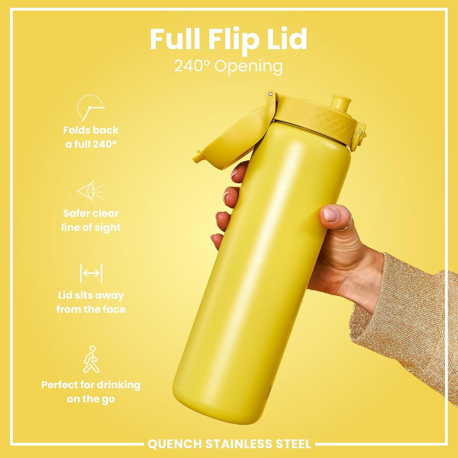 ION8 1 Litre Lightweight Stainless Steel Drinking Bottle, Non-Insulated, Leak-Proof, One-Handed Opening, Secure Locking, Dishwasher Safe, Hinged Lid, Carry Handle, Easy to Clean, Yellow - Yellow image number 6