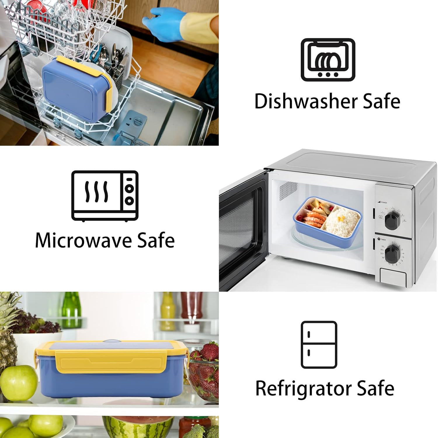 1100 ML 3-Compartment Bento Box Lunchbox with Utensil Set, Lunch Box Containers for Kids and Adults, Microwave/Dishwasher/Refrigerator Safe, BPA Free - Blue