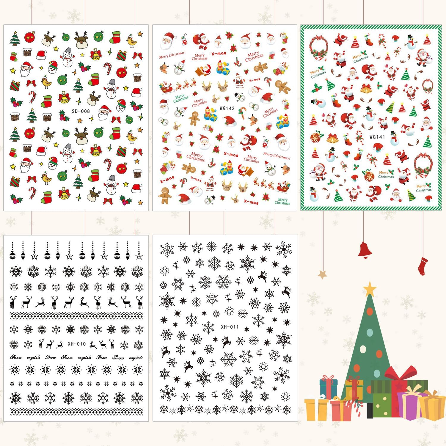 Whaline 20 Sheets Christmas Nail Art Stickers, 3D Self-Adhesive Stickers Santa Claus Reindeer X-Mas Tree Bells Snowflakes Decals for Women Girls Kids Manicure DIY or Nail Salon (More than 1000Pcs) image number 6