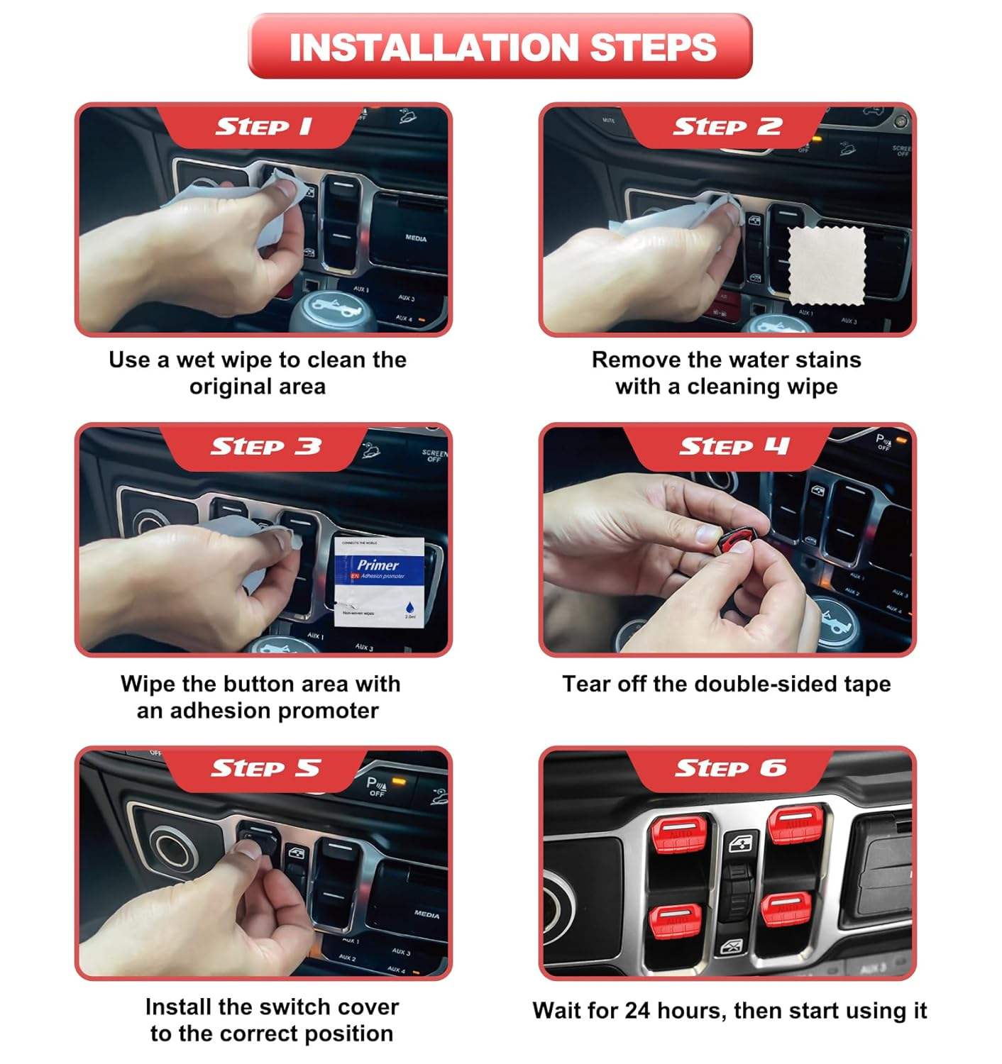 Fits for JL Jeep 4 PCS Upgrade Window Switch Button Cover Compatible with Jeep Wrangler JL JLU 2025 2024 2023 2022 2021 2020 2019 2018 & Gladiator JT 2020-2025 Interior Accessories(Bright Red) image number 1