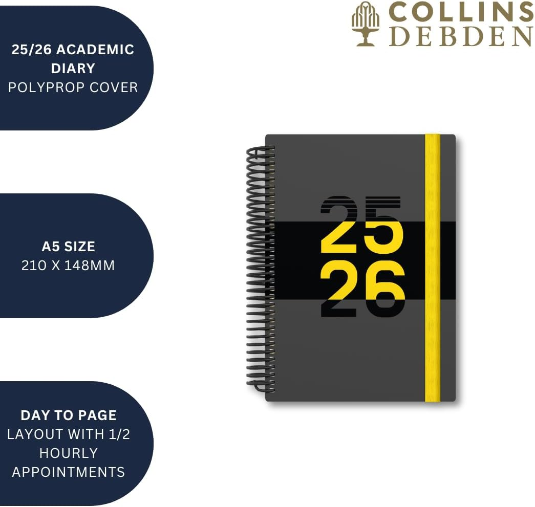 Collins 'Delta' 14 Month Mid/Academic Year Planner, July 2025-August 2026 Day-To-Page Appointments Diary, A5 Wiro Bound Cover, Yellow - Yellow image number 3