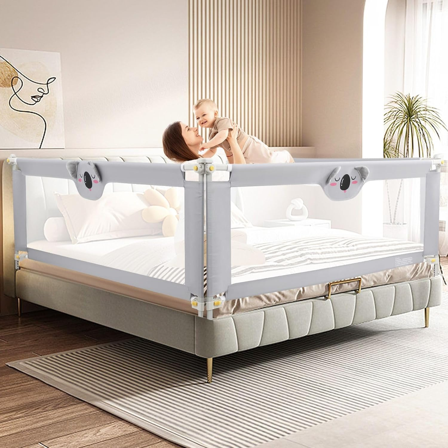 KIDBOT Bed Rail Side Toddler Bedrail Folding Safety Guard Baby Child Cot Fence Barrier Fall Protection 3Pcs 100Cm Height Adjustable Koala Design image number 4
