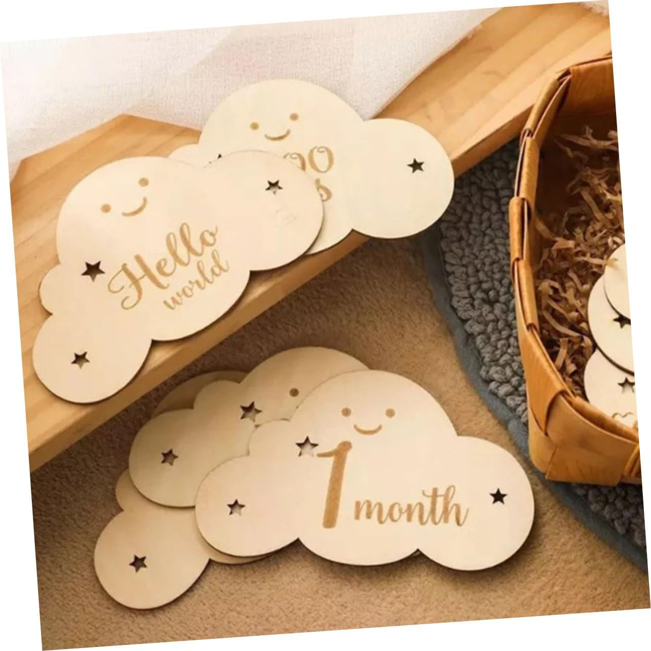 Cloud Shaped Wooden Announcement Cards Monthly Photo Markers for Newborn Milestones Double Sided Discs for Documenting Growth Journey Durable and Adorable Keepsake image number 4