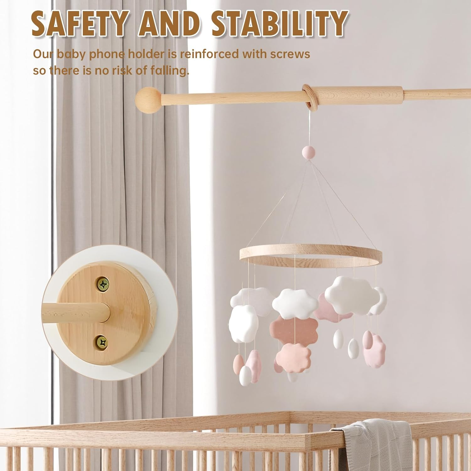 Baby Crib Mobile Arm, Wooden Baby Mobile Hanger with Anti-Slip Design Beech Wood Curved Crib Mobile Holder Hanging Baby Crib Attachment Nursery Mobile Hanger for Crib Nursery Decor