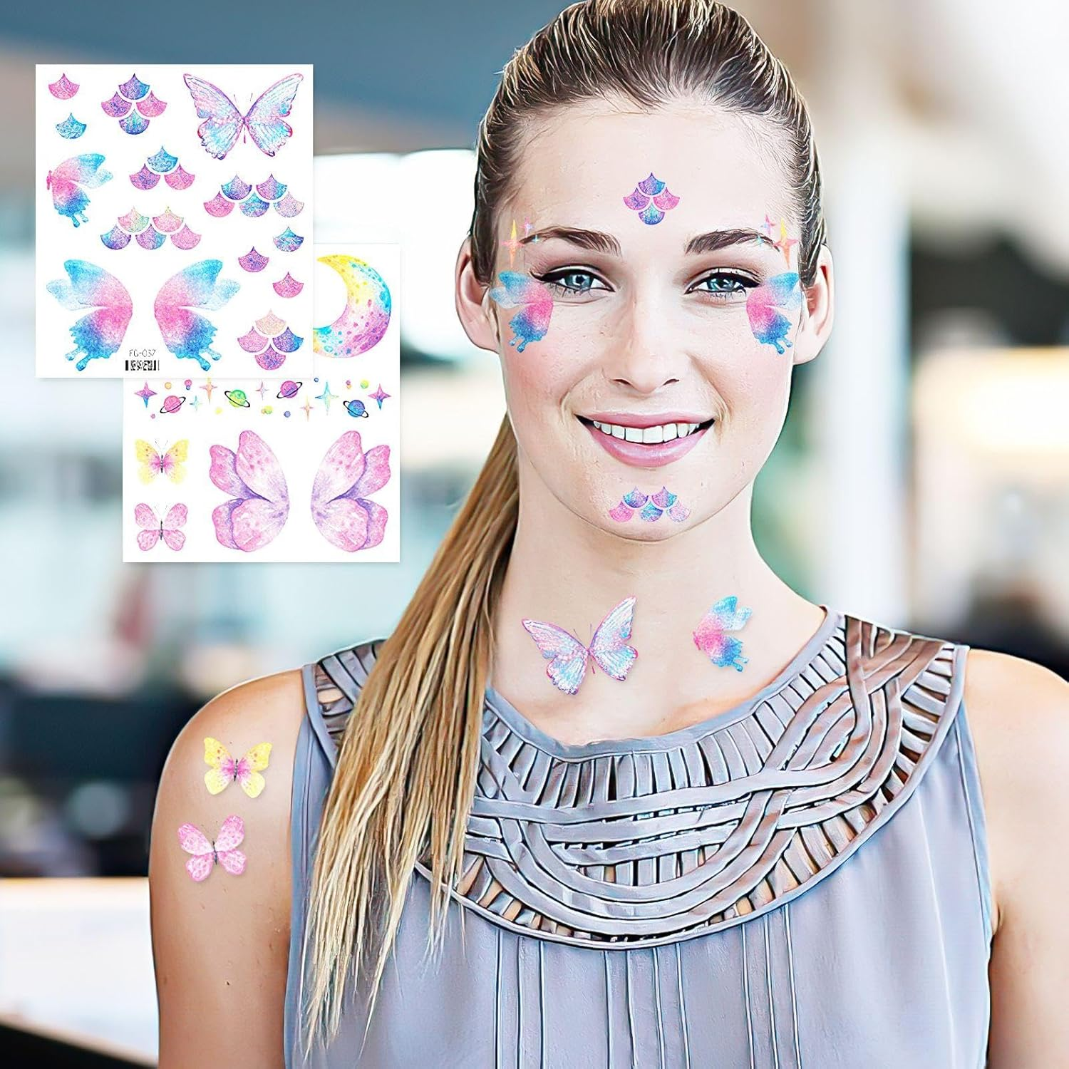 26 Coloured Butterfly Tattoo Stickers, Waterproof Tattoo Stickers, Party Face Make-Up, Temporary Tattoo Stickers for Women image number 5