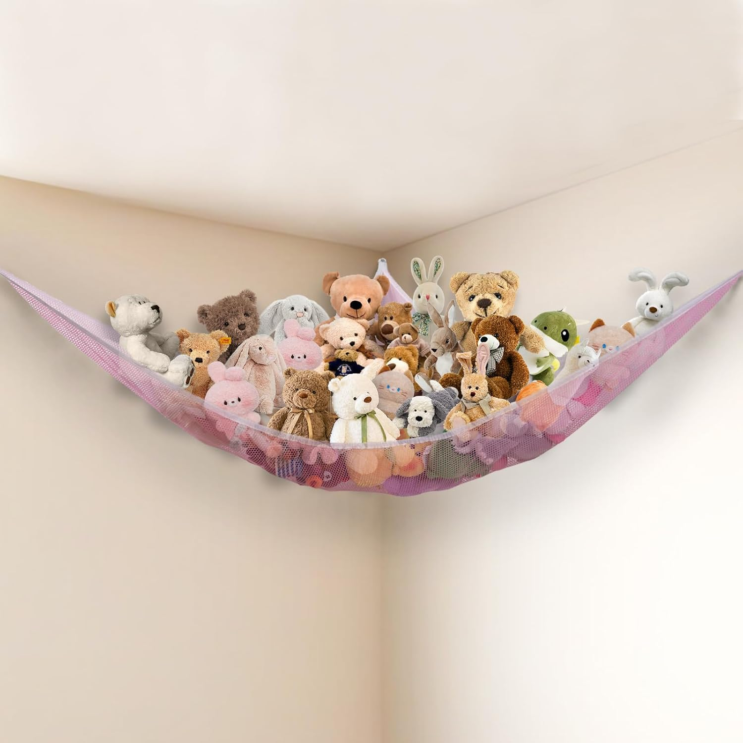 Stuffed Animal Storage Toy Hammock Soft Plush Toy Storage Large Corner Hanging Net Organiser Holder for Kids Bedroom Nursery Decor (White)