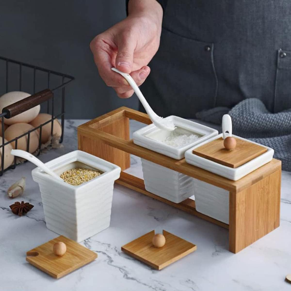 Ceramic Jar, Salt Jar, Spice Jars with Spoon, Wooden Lid and Plate, Spice Container, Storage Jar, Sugar Bowl, Salt Pot, Ceramic Jar, Spices, Salt, Sugar Container for Kitchen at Home image number 4