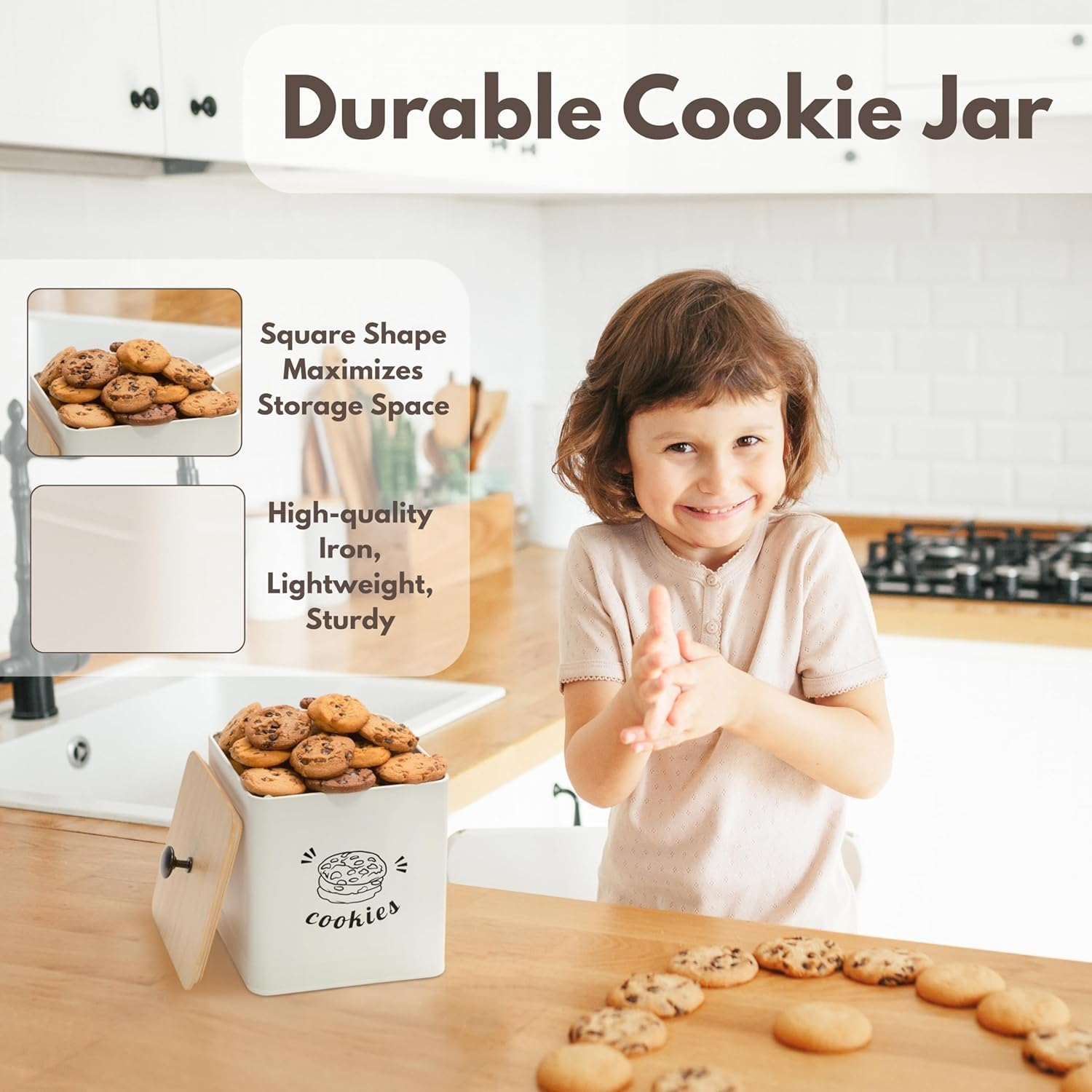 PERFNIQUE 3.5L Cookie Jar with Lid Airtight, Cookie Tin with Bamboo Lid, Cute Cookie Jars for Kitchen Counter Decorative, Food Storage Container for Candy, Cookies, Dessert, Farmhouse Home Decor - White image number 3