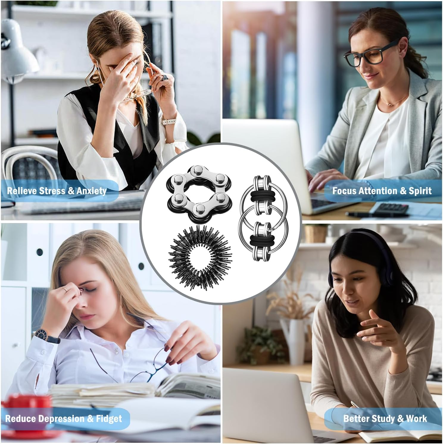 6-Piece Fidget Toys Set, Six Roller Chain & Key Flippy Chain, Acupressure Ring, Anti-Stress Toy for Adults and Children (Black)