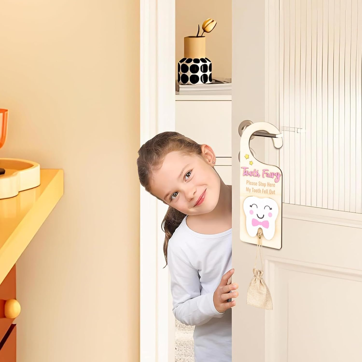 Tooth Fairy Hanger | Tooth Fairy Box with Money Slot | Wooden Keepsake Box with Pouch, Cute Souvenir for Boys Girls Kids Home Decoration - Blue image number 5