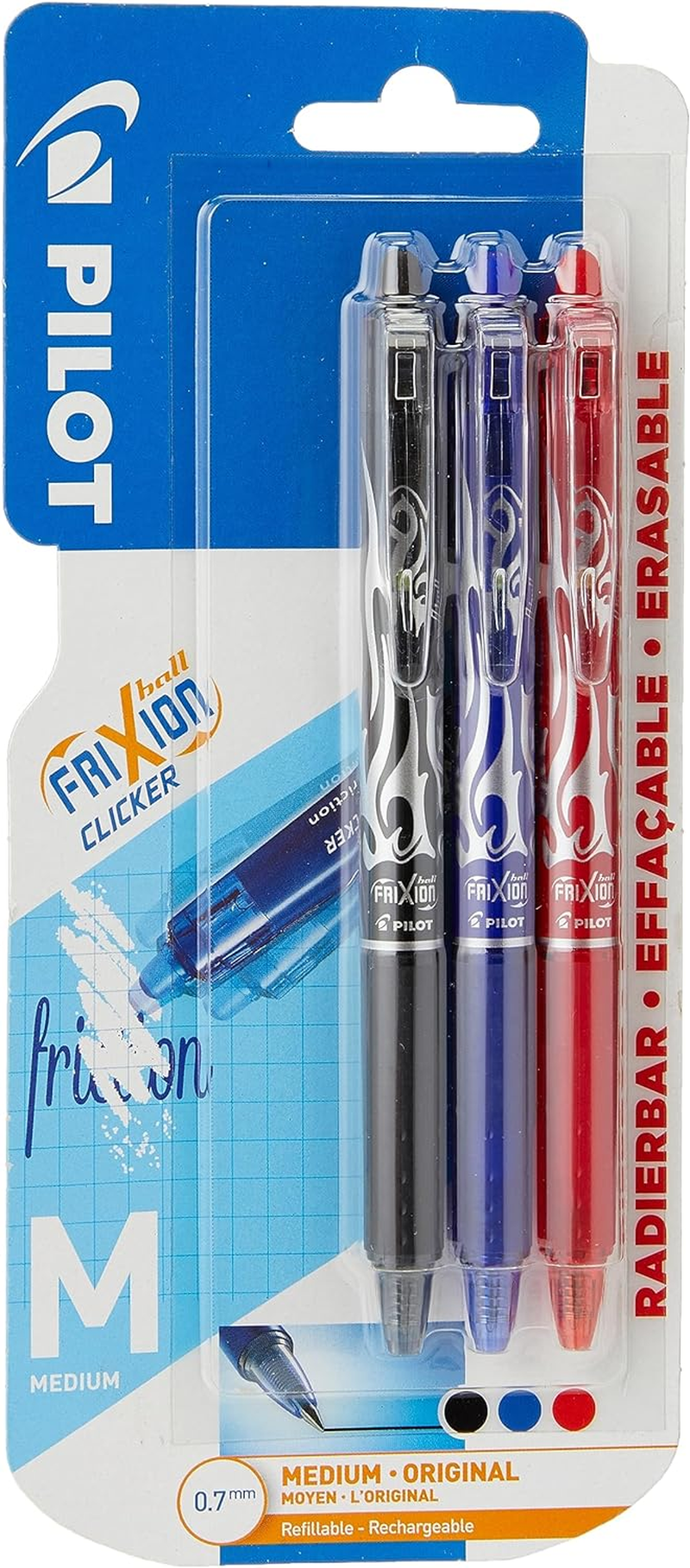 Pilot Frixion Clicker Retractable Erasable Rollerball 0.7 Mm Tip - Violet/Pink/Turquoise, Pack of 3