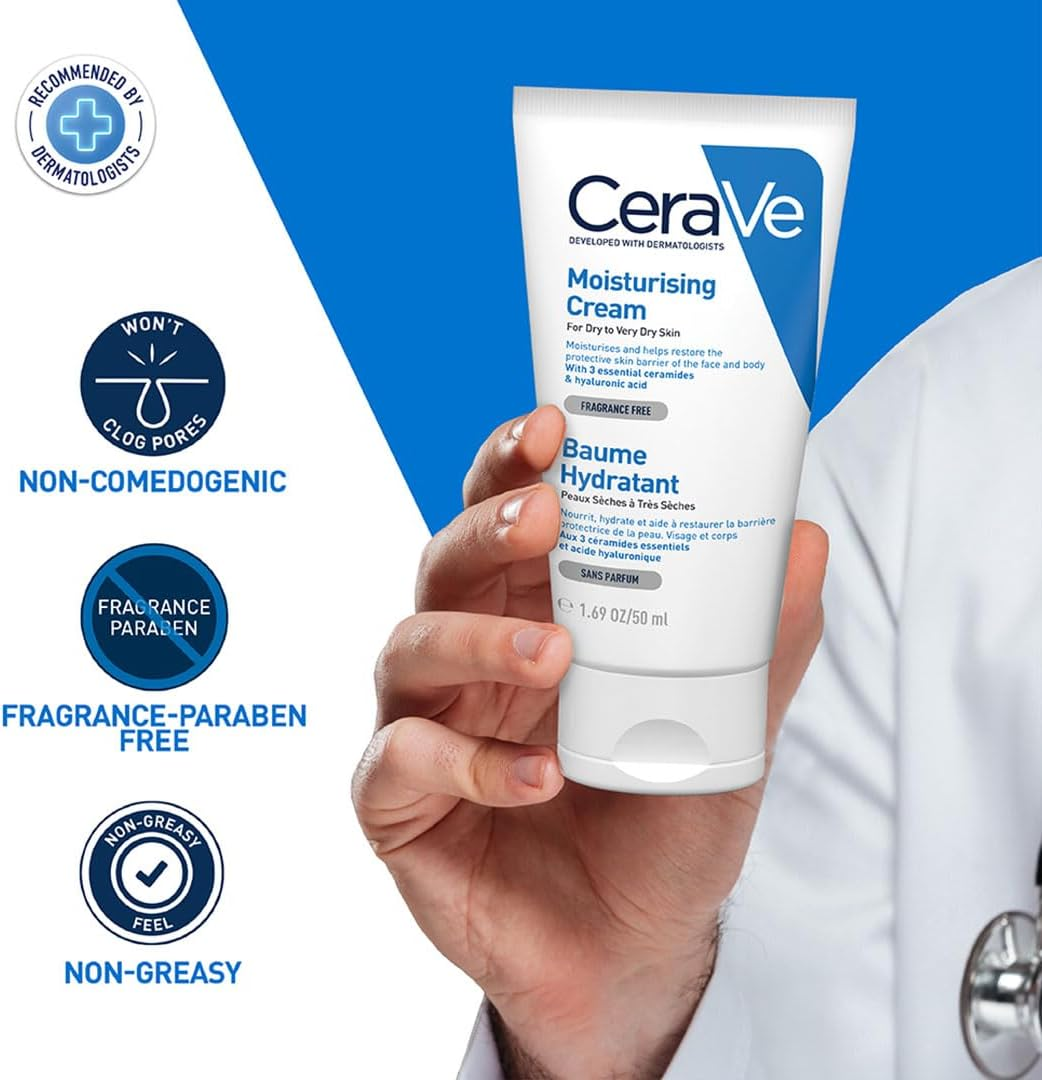 Cerave Moisturising Cream 50Ml, for Dry Skin, Daily Face Moisturiser, Moisturises and Helps Restore the Protective Skin Barrier, Hyaluronic Acid + Ceramides, Fragrance Free