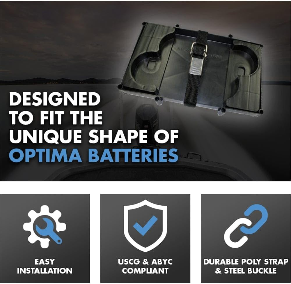 T-H Marine Optima Battery D27M and D31M Series Tray Holder with Poly Strap - Rugged Replacement Battery Box Is UV and Corrosion Resistant - 8 Mounting Slots image number 1